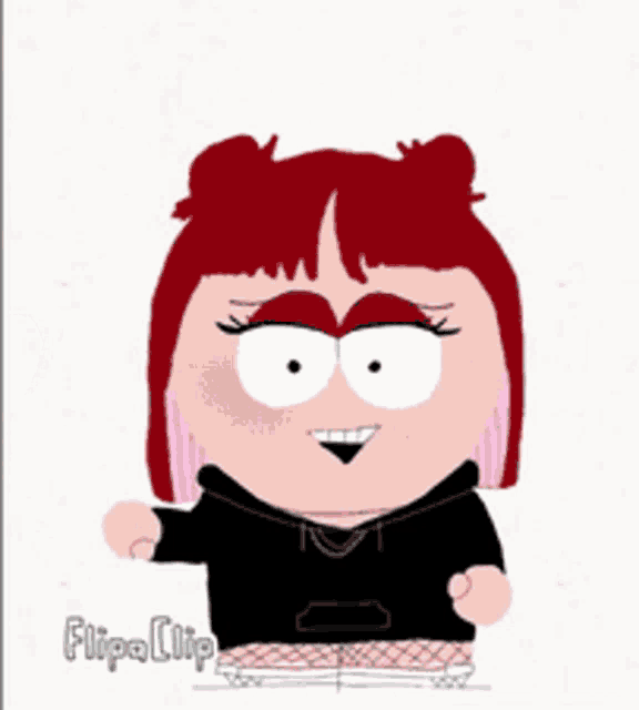 a cartoon character with red hair and a black hoodie says flip clip