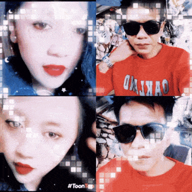 a man wearing sunglasses and a red shirt that says dajiao on it