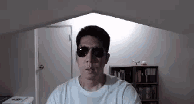 a man wearing sunglasses and a white shirt is standing in front of a bookshelf in a room .