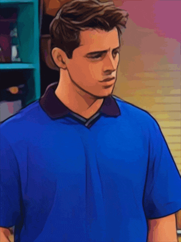a man in a blue shirt is standing in front of a shelf