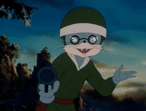 a cartoon cat wearing glasses and a helmet holds a gun