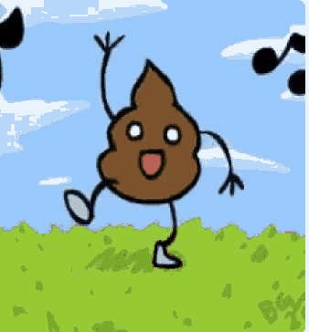 a cartoon drawing of a poop with arms and legs is dancing in a field .