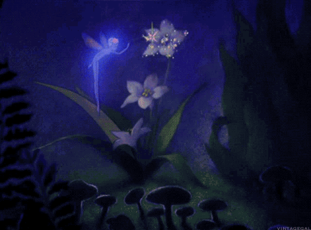 a painting of a fairy surrounded by mushrooms with vintagegal written on the bottom right