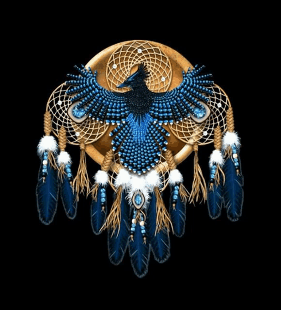 a dream catcher with feathers and beads and a bird on it