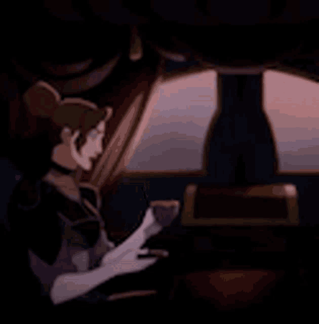 a woman is sitting in a dark room holding a cup of coffee and looking out a window .