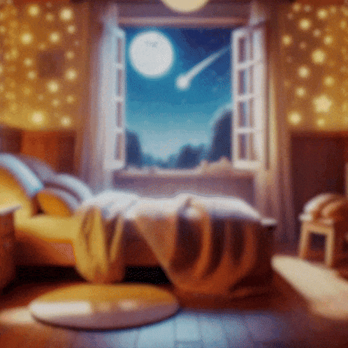a bedroom with a bed and a window looking out to a full moon