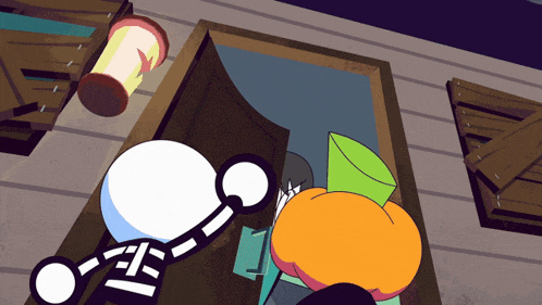 a cartoon drawing of a skeleton and a pumpkin standing in front of a door