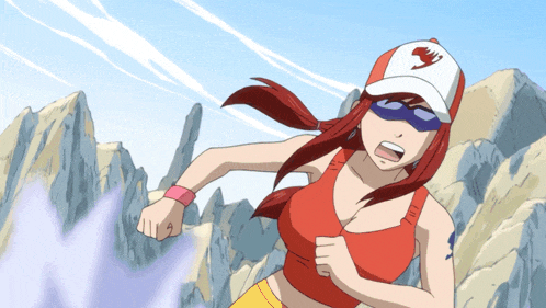 a fairy tail character wearing a red tank top and white hat