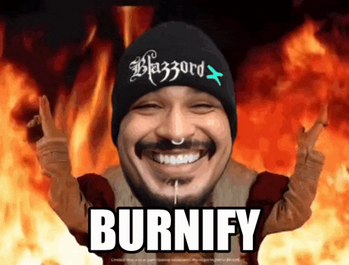 a man wearing a hat that says blazzard burnify