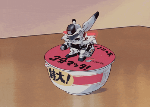 a cartoon drawing of a robot sitting on top of a container that says sunrise
