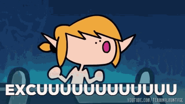 a cartoon character with a blue background and the words " excuuuuuuu " on the bottom