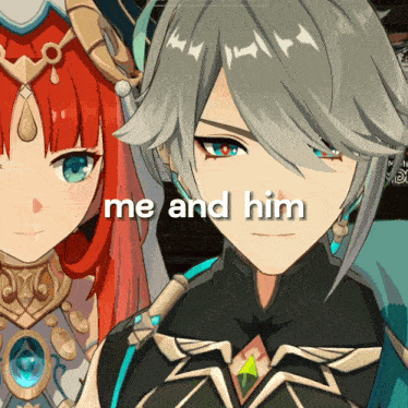 a couple of anime characters standing next to each other with the words me and him on the bottom