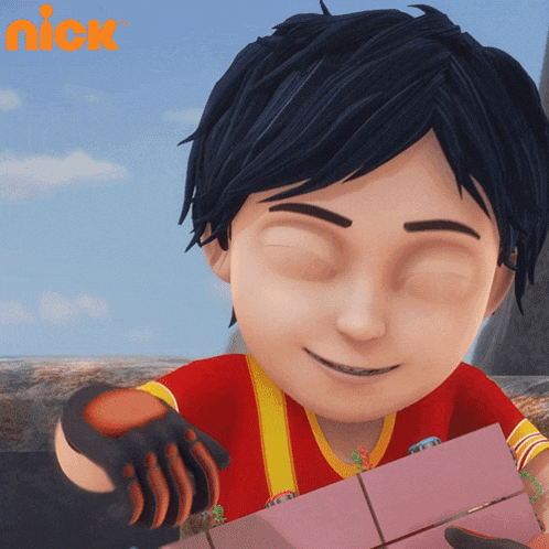 a cartoon character is holding a pink brick with a nick logo in the background