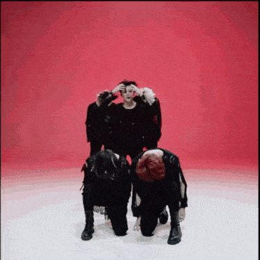 a group of people are kneeling down on the floor in front of a red background .