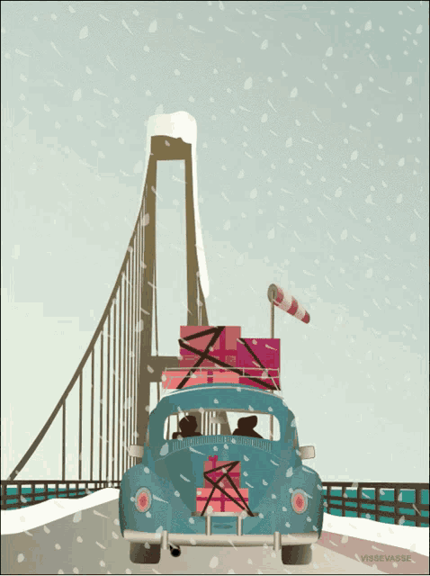 an illustration of a car with christmas presents on the back of it