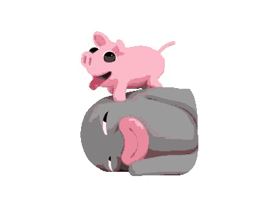 a pink pig is standing on top of a gray pig .
