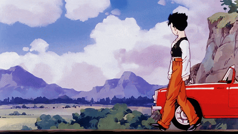 a cartoon of a man walking next to a red car with mountains in the background