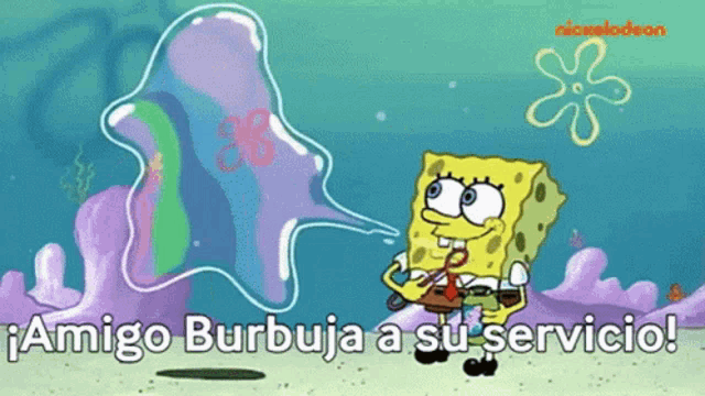 a cartoon of spongebob blowing a soap bubble with the words amigo burbuja a su servicio