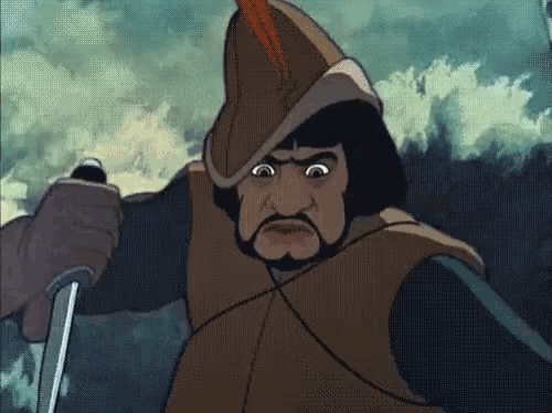 a man with a beard is holding a sword and wearing a hat .