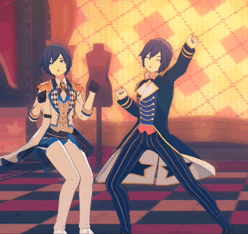 a couple of anime characters standing next to each other on a checkered floor