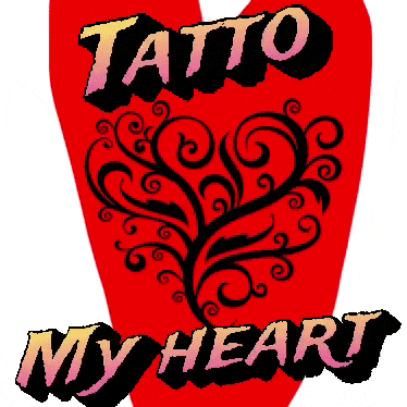 a red heart with swirls and the words tatto my heart on it