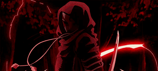 a person in a red hooded cape is holding a red light