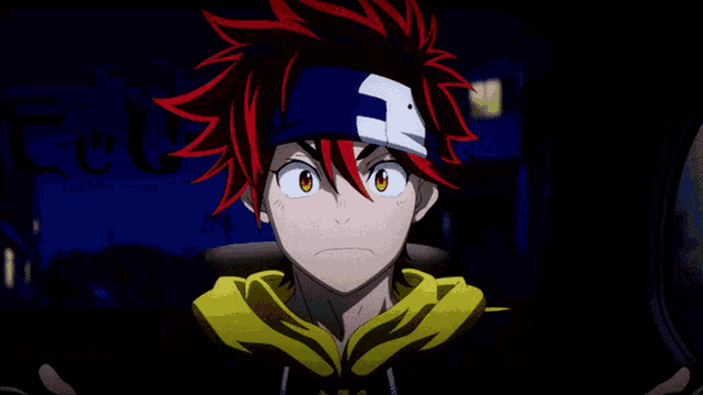 a cartoon character with red hair and a blue headband with the letter a on it