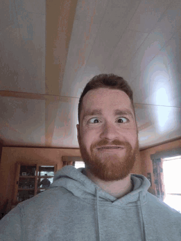 a man with a beard wearing a grey sweatshirt looks at the camera