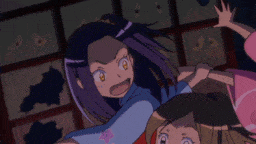 a group of anime girls are standing in a dark room with their arms outstretched