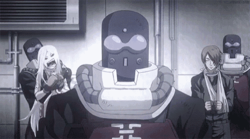 a group of anime characters are standing around a robot with the letter h on it 's chest