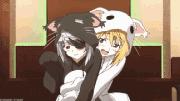 two anime girls are hugging each other and one of them is wearing a cat costume