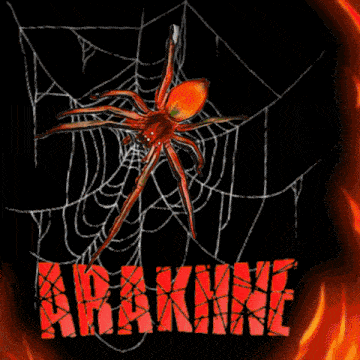 a spider is on a web with the word arakhne in red