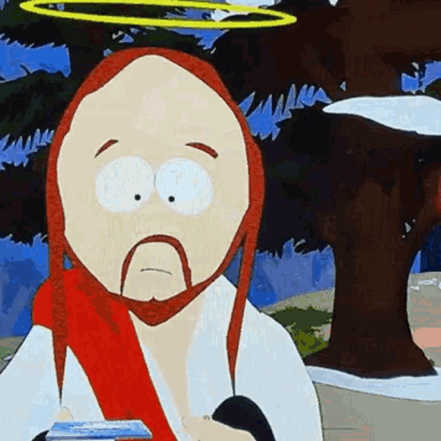 a cartoon of jesus with a beard and a halo on his head holding a bible .