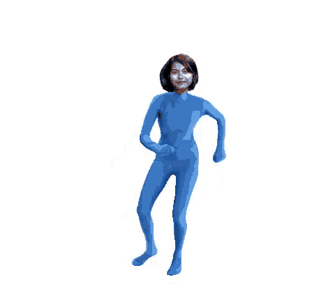 a woman is wearing a blue bodysuit and dancing on a white background .