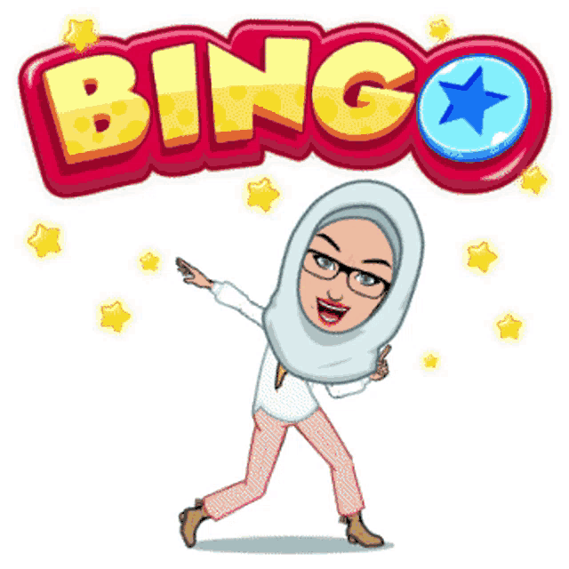 a cartoon of a woman wearing a hijab and glasses with the word bingo in the background