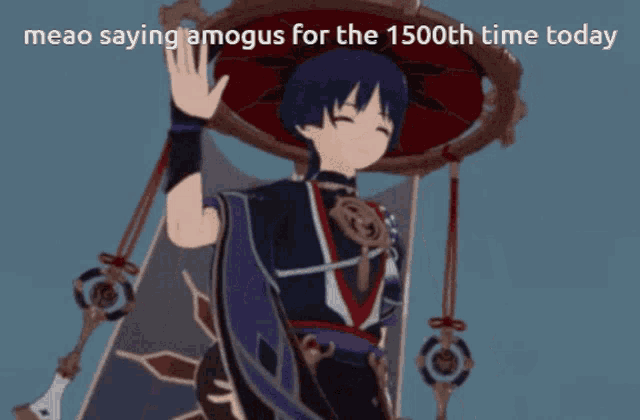 a cartoon character is waving with the caption meao saying amogus for the 1500th time today