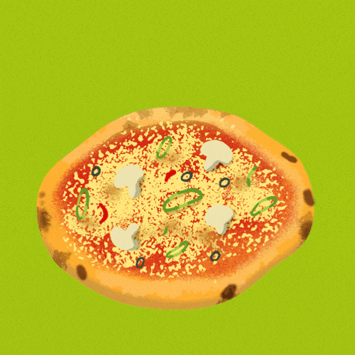 an illustration of a pizza with a penguin behind it on a green background
