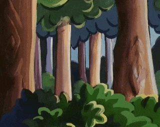 a cartoon of a man hiding behind a bush in a forest