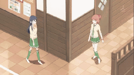 two anime girls are standing next to each other in a hallway in front of a bulletin board