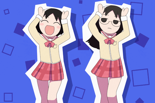 a cartoon drawing of two girls with their arms up