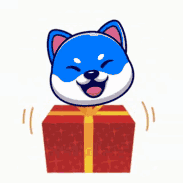 a blue dog is coming out of a red box with the word surprise written on it