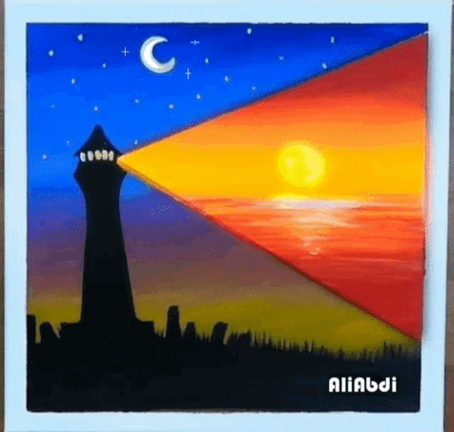 it is a painting of a lighthouse shining a light at the sunset .