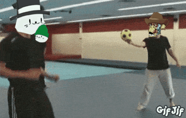 a gif of two men playing with a soccer ball with gif jif written on the bottom