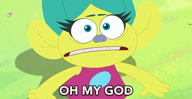 a cartoon character says " oh my god " in front of a green background