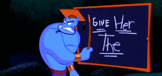 a cartoon character holding a blue sign with a letter d on it