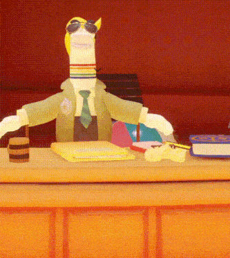 a cartoon character wearing sunglasses is sitting at a counter