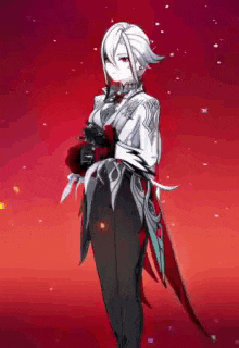 a girl with white hair is standing in front of a red background holding a red rose .