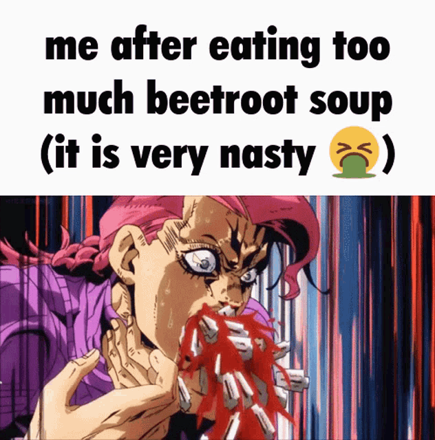 a cartoon of a woman eating a beetroot soup