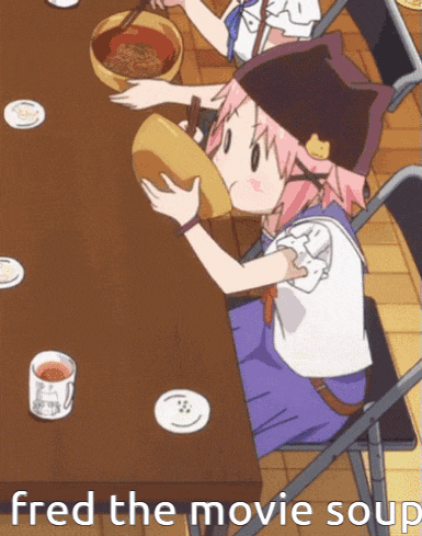 a girl sitting at a table with a bowl of soup and the words fred the movie soup below her