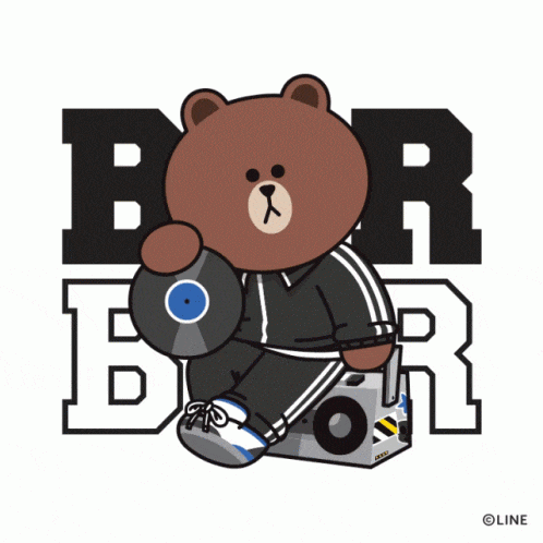 a brown bear is sitting on a boombox and holding a record in front of the word bor